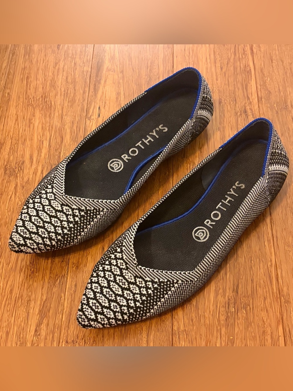 Rothy's Black & White Pointed Knit Flats with Cool Snake Print - Picture 2 of 11
